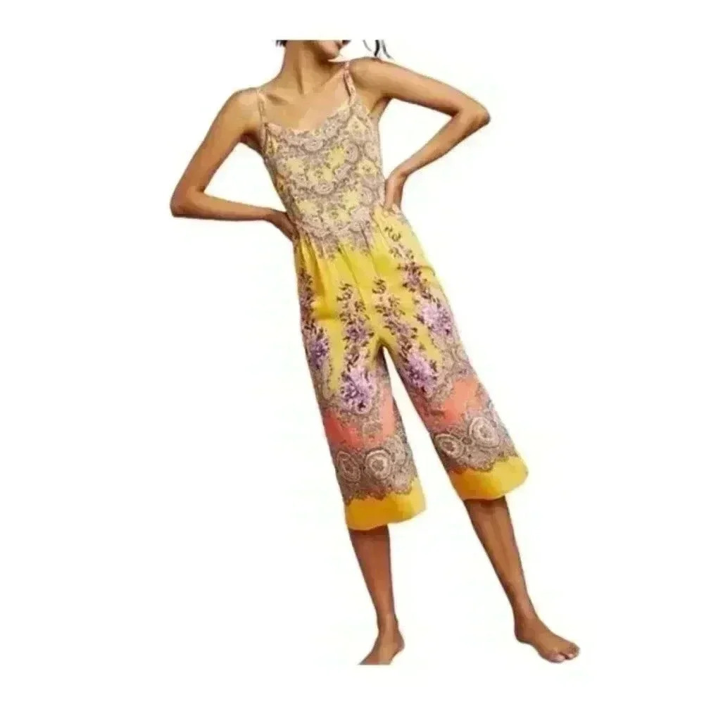 By Anthropologie Yellow Bohemian Baggy Cropped Loungewear Jumpsuit